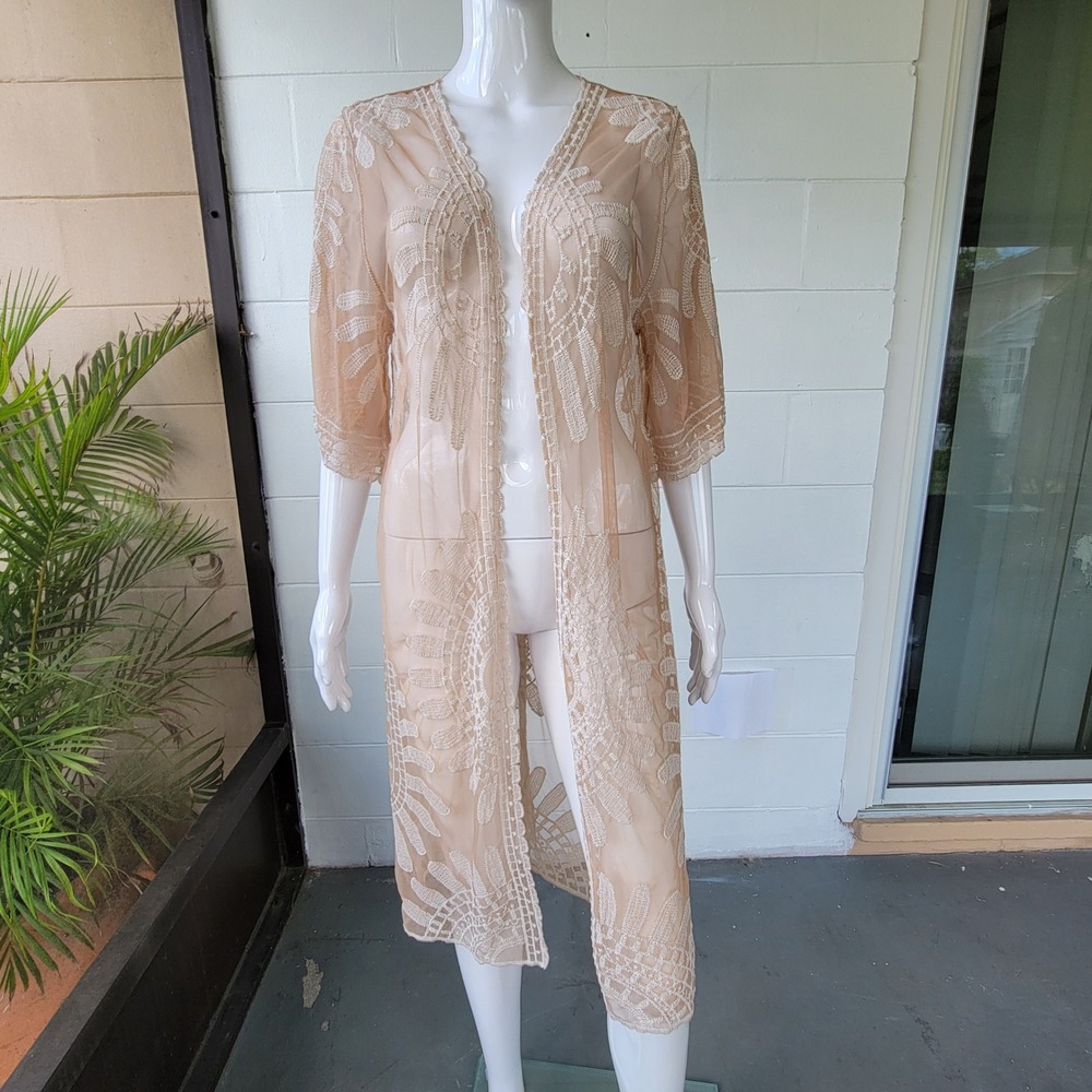 Rebellion Again Lace Mesh Kimono Cardigan Beige Women's S‎ Boho Longline Duster